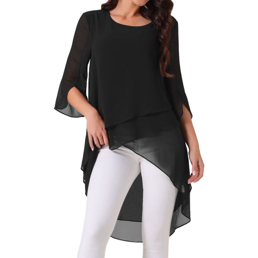 Scoop Neck Chiffon Blouse Asymmetrical Shirt 3/4 Sleeve Casual Tops Black